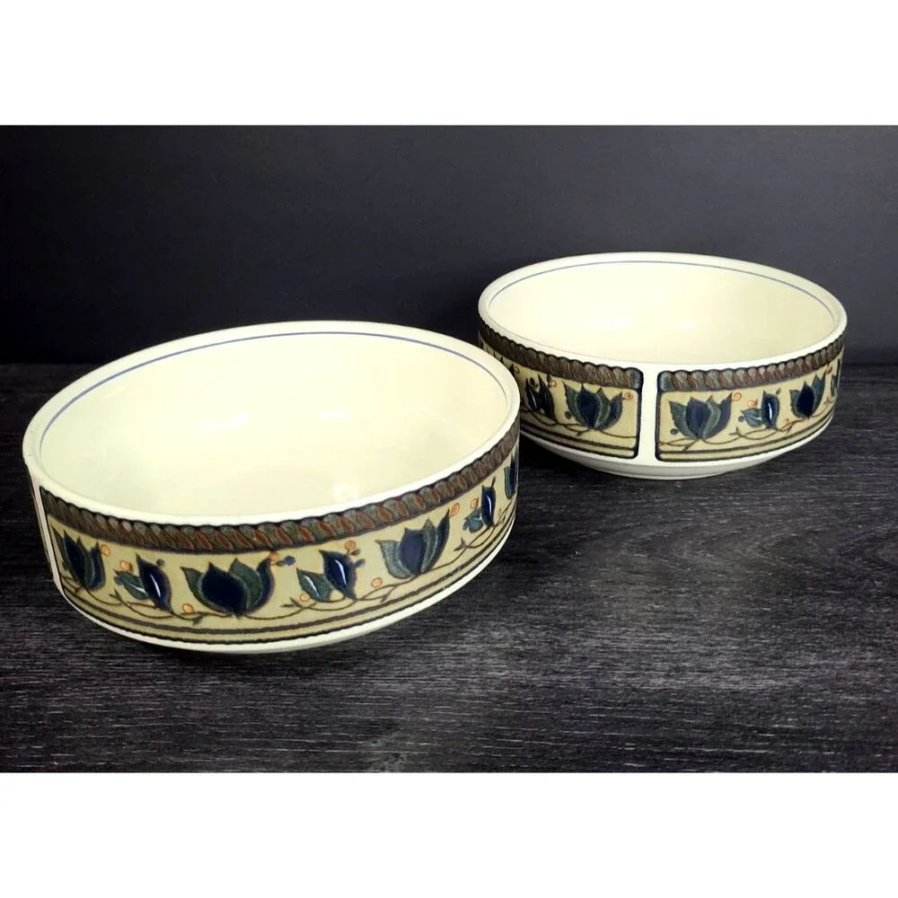 Mikasa Intaglio Arabella CAC01 Soup Cereal Bowl Set 2 Blue Tulip Stoneware 6.25